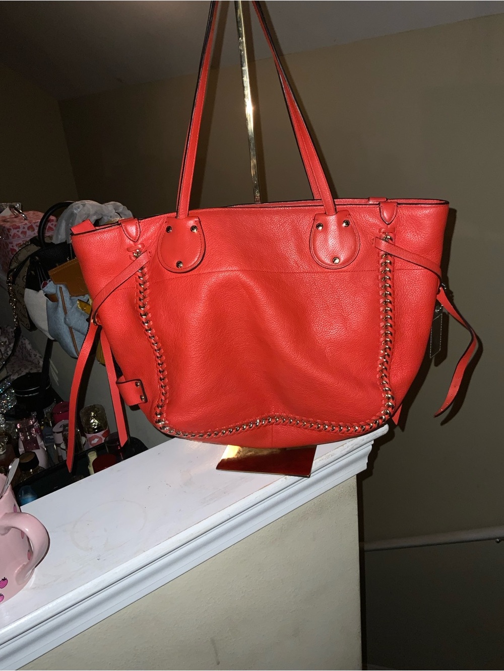 Coach Red Leather Tote with Braided Trim and Shoulder Straps